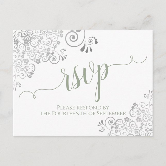 Carte Postale Lacy Calligraphie Sage Vert Blanc Mariage RSVP (Devant)