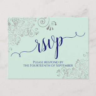 Carte Postale Lacy Calligraphy Marine Blue sur Mint Wedding RSVP