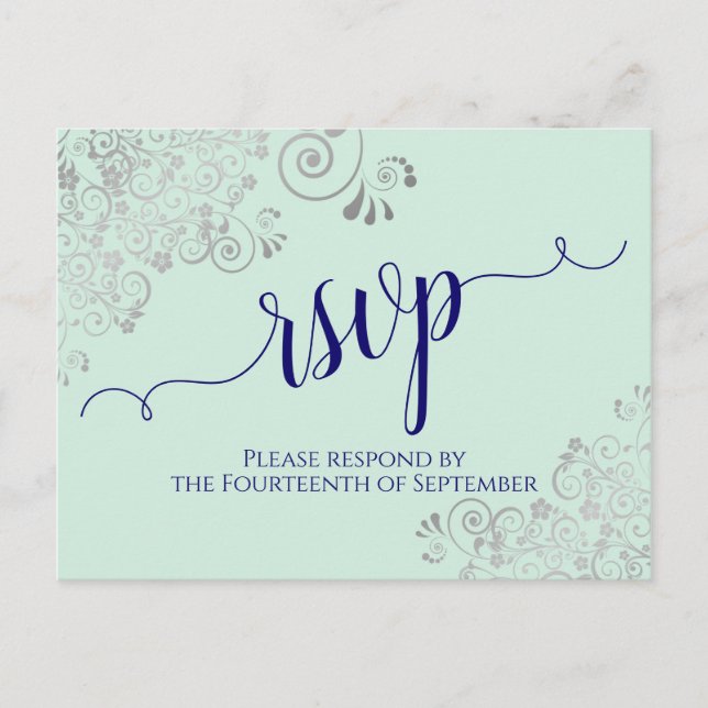 Carte Postale Lacy Calligraphy Marine Blue sur Mint Wedding RSVP (Devant)