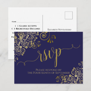 Carte Postale Lacy Gold Calligraphie Chic Navy Blue Wedding RSVP