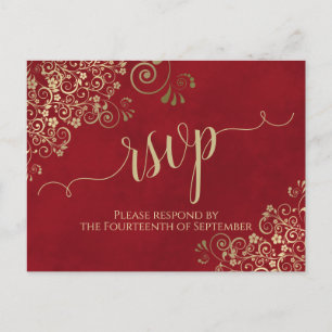 Carte Postale Lacy Gold Calligraphie Élégant Mariage rouge RSVP