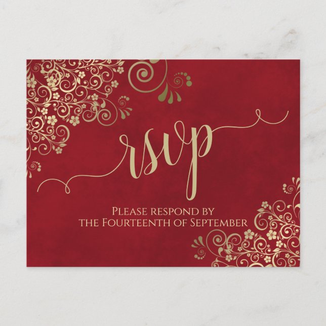 Carte Postale Lacy Gold Calligraphie Élégant Mariage rouge RSVP (Devant)