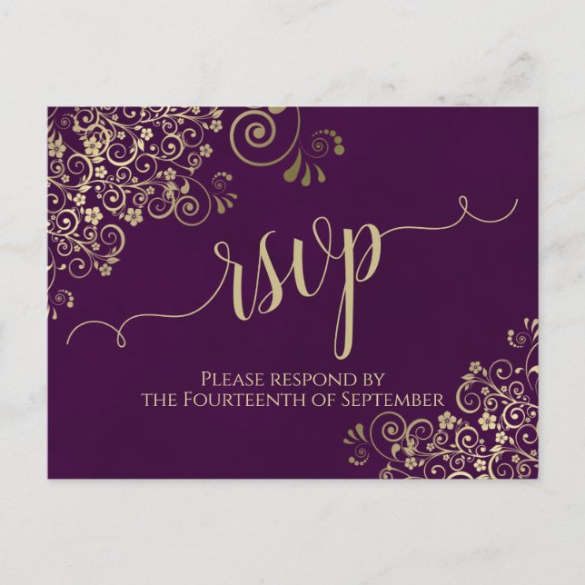 Carte Postale Lacy Gold Calligraphie Élégant Mariage violet RSVP (Devant)
