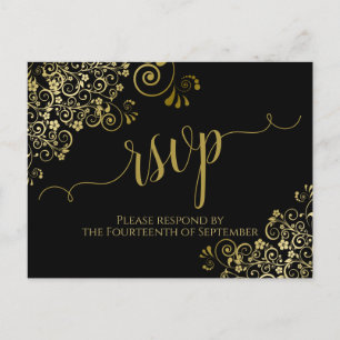 Carte Postale Lacy Gold Calligraphie Élégant Noir Mariage RSVP