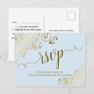 Carte Postale Lacy Gold Calligraphie Poudre Bleu Mariage RSVP