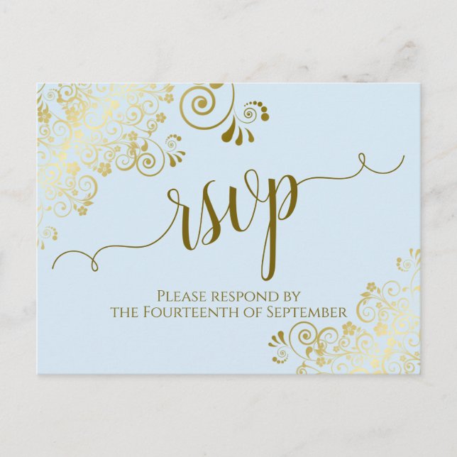 Carte Postale Lacy Gold Calligraphie Poudre Bleu Mariage RSVP (Devant)