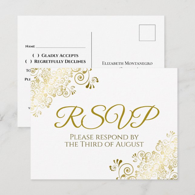 Carte Postale Lacy Ornate Gold Filigree Mariage élégant RSVP (Devant / Derrière)
