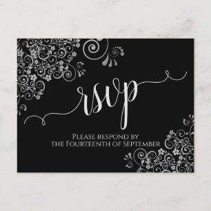 Carte Postale Lacy Silver Calligraphie Elégant Noir Mariage RSVP