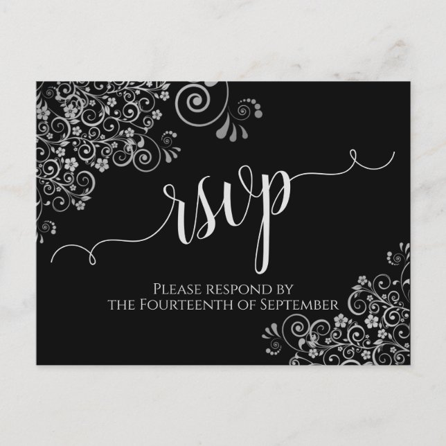 Carte Postale Lacy Silver Calligraphie Elégant Noir Mariage RSVP (Devant)