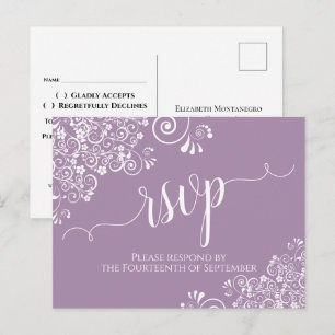 Carte Postale Lacy White Calligraphie Dusty Purple Wedding RSVP