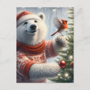 Carte Postale L'adorable ours polaire de Noël et le cardinal