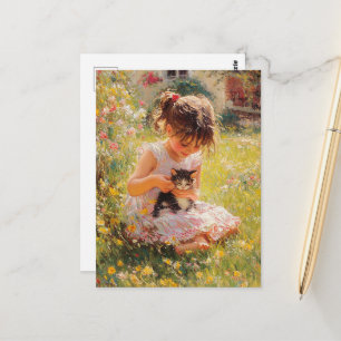 Carte Postale L'adorable petite fille en rose et son chaton