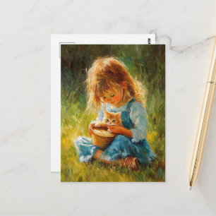 Carte Postale L'adorable petite fille et son chaton