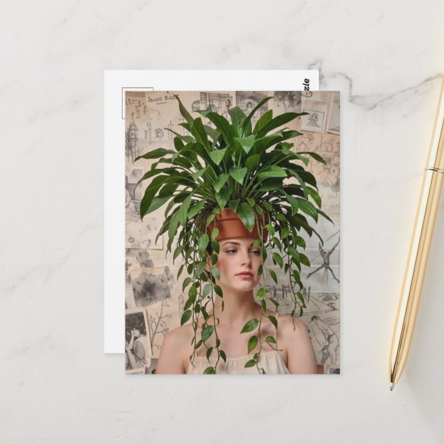 Carte Postale  Lady and A Houseplant on her head  (Devant/Arrière en situation)