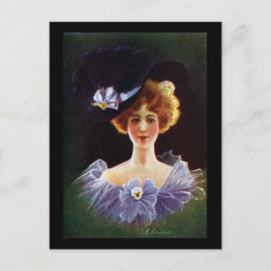 Carte Postale Lady en robe orchidée avec Pansy Pin Vintage