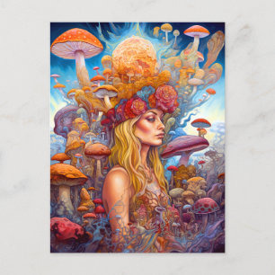 Carte Postale Lady Et Champignons Surreal Imaginaire Art