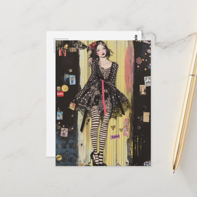 Carte Postale Lady in Black and White Fashion Collage (Devant/Arrière en situation)