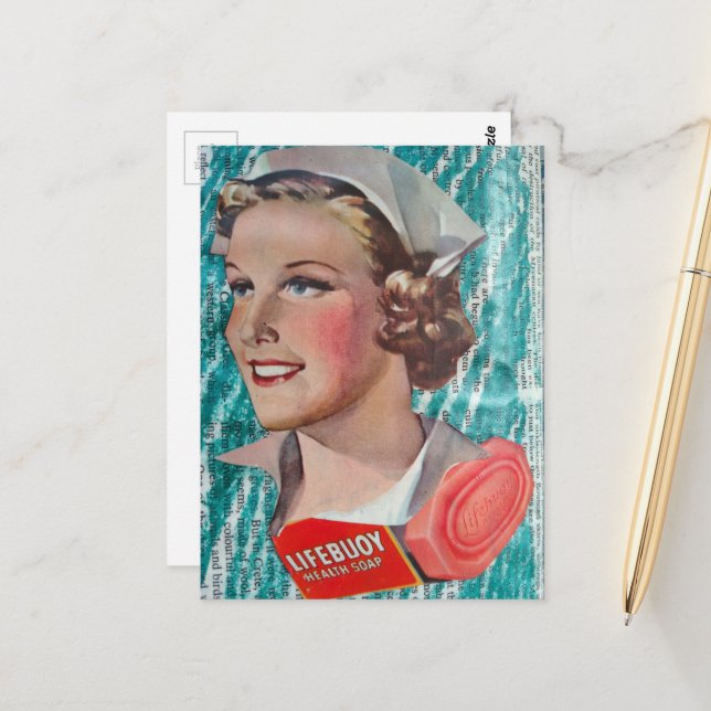 Carte Postale Lady Nurse with health soap from 1930s era collage (Devant/Arrière en situation)