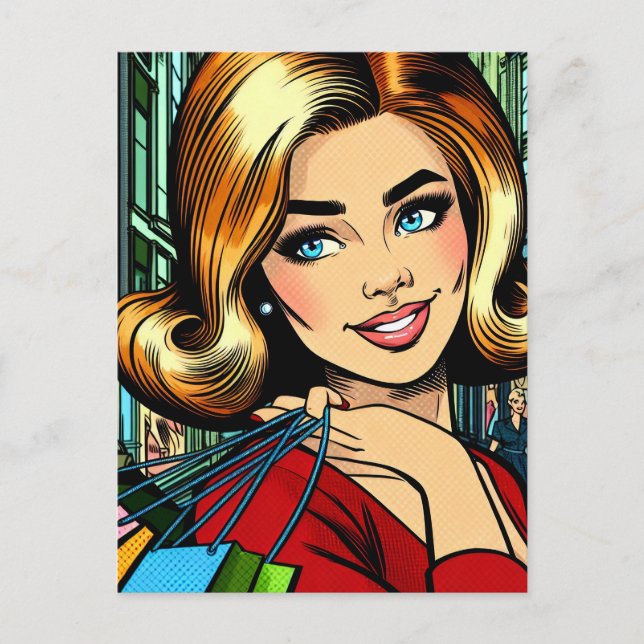 Carte Postale Lady rétro avec des sacs à provisions milieu du si (Devant)