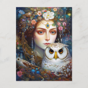 Carte Postale Lady With Owl Surreal Imaginaire Art