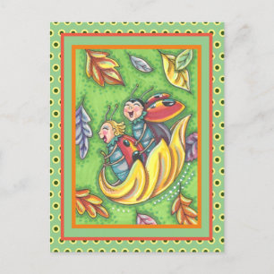 CARTE POSTALE LADYBUGS QUI RETOURNENT SUR LES FEUILLES D'AUTOMNE