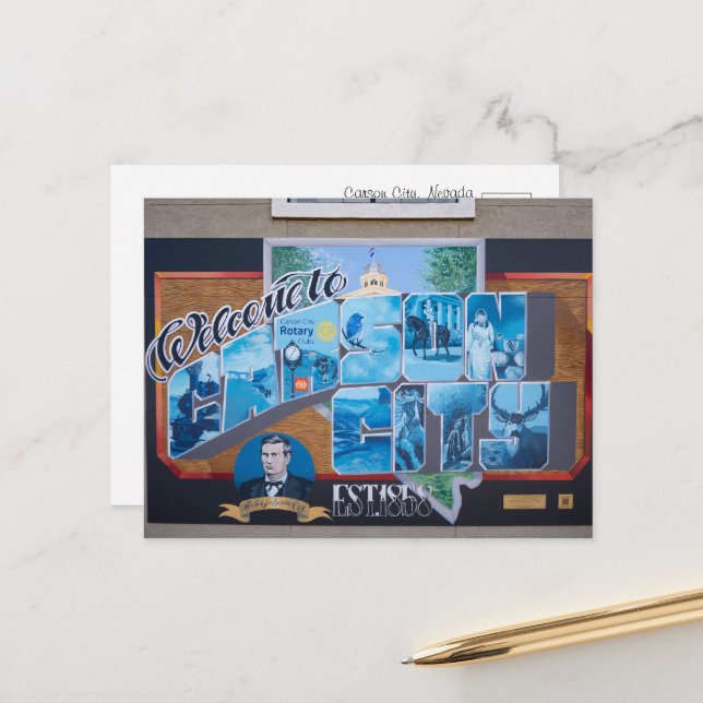 Carte Postale L'Affiche de bienvenue de Carson City, Nevada (Devant/Arrière en situation)
