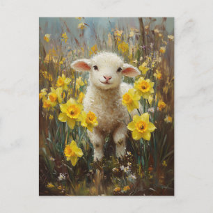 Carte Postale Lambe adorable Jaune Daffodiles Peinture
