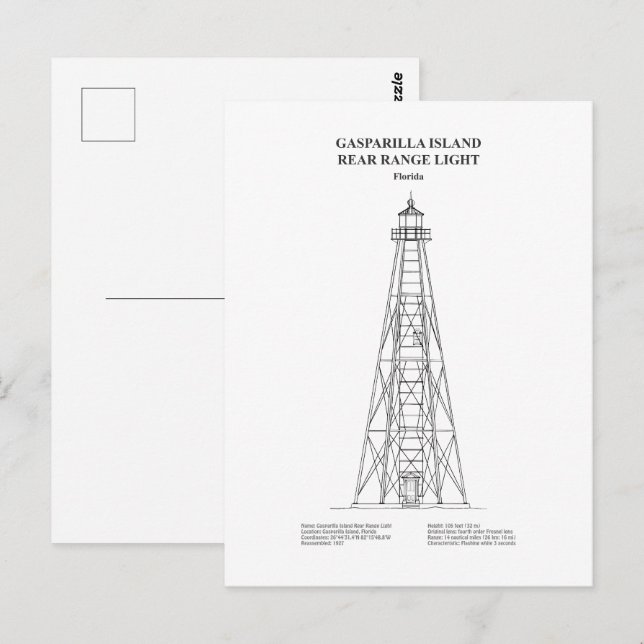 Carte Postale Lampe arrière de l'île de Gasparilla - Floride - B (Devant / Derrière)