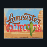 Carte Postale Lancaster California Cartoon Desert Vintage voyage<br><div class="desc">Lancaster California neo design de voyage vintage dans un drôle de style de dessin animé rétro avec le désert,  un cactus et des rochers. Bleu,  marron et rouge avec cactus vert.</div>