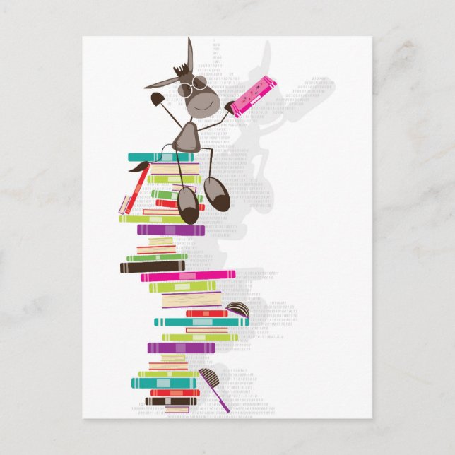 Carte Postale L'âne intellectuel au-dessus d'une tour de livres (Devant)