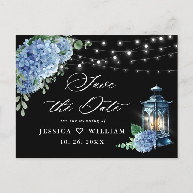Carte Postale Lanterne d'hortensia bleue Mariage noir Enregistre (Devant)