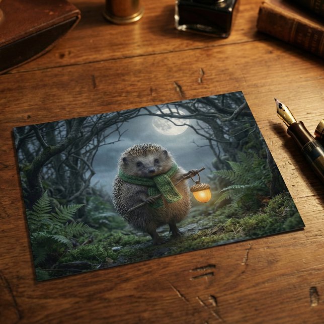 Carte Postale Lanterne Douce Hérisson de la Forêt | Pensées pour (A postcard featuring a hedgehog holding a lantern on a moonlight walk. Woodlandcore forest pen pal)