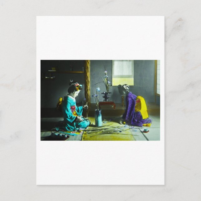 Carte Postale Lanterne magique japonaise Geisha couleur main vin (Devant)