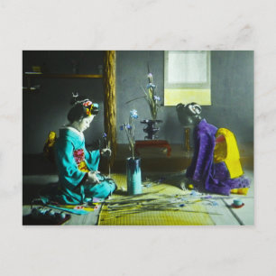 Carte Postale Lanterne magique japonaise Geisha couleur main vin