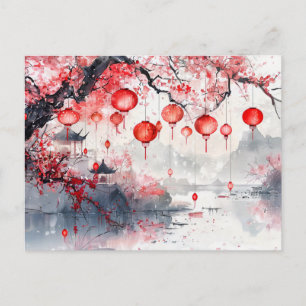 Carte Postale Lanternes aquarelles chinoises et arbres en fleurs
