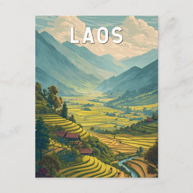 Carte Postale Laos Illustration Travel Art Vintage (Devant)