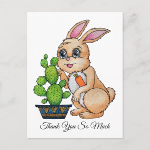 Carte Postale Lapin à l'aquarelle avec cactus mignon