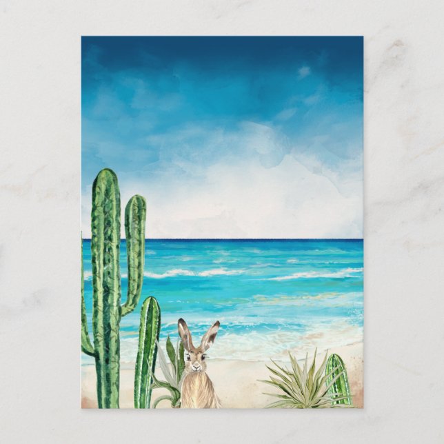 Carte Postale Lapin à l'aquarelle sur paysage de plage de cactus (Devant)