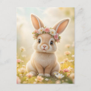 Carte Postale Lapin adorable avec une couronne de fleurs sur la