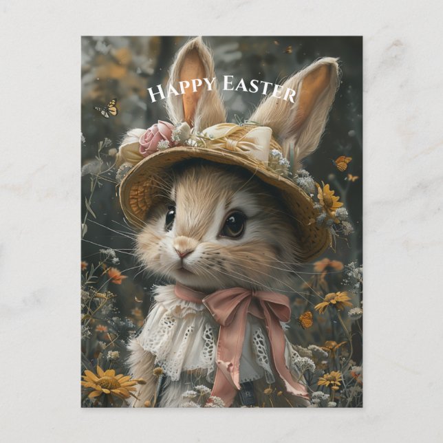Carte Postale Lapin adorable Chapeau de paille Fleurs Dentelle (Devant)
