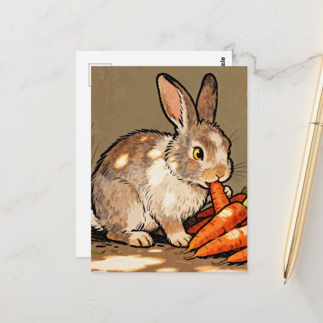 Carte Postale Lapin adorable mangeant des carottes (Devant/Arrière en situation)