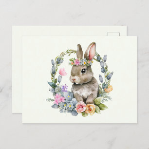 Carte Postale Lapin aquarelle avec couronne florale