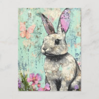 Lapin aux papillons et fleurs rose en média mixtes