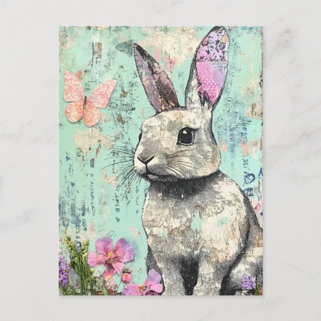 Carte Postale Lapin aux papillons et fleurs rose en média mixtes (Devant)