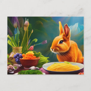 Carte Postale Lapin avec un bol plein de spaghettis