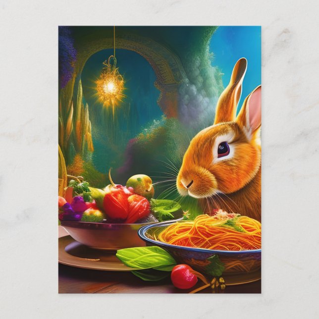 Carte Postale Lapin Avec Un Bowl De Spaghetti (Devant)