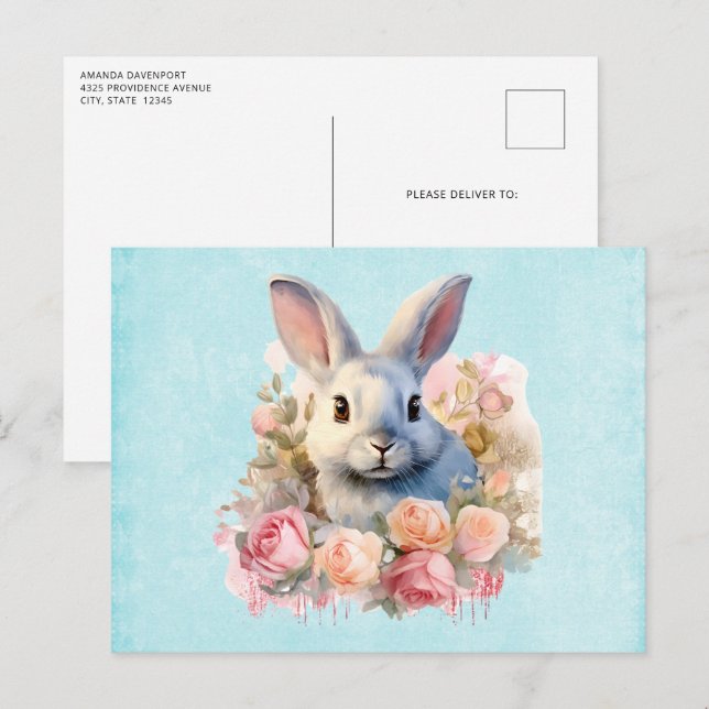Carte Postale Lapin avec une guirlande de roses Mignon (Devant / Derrière)