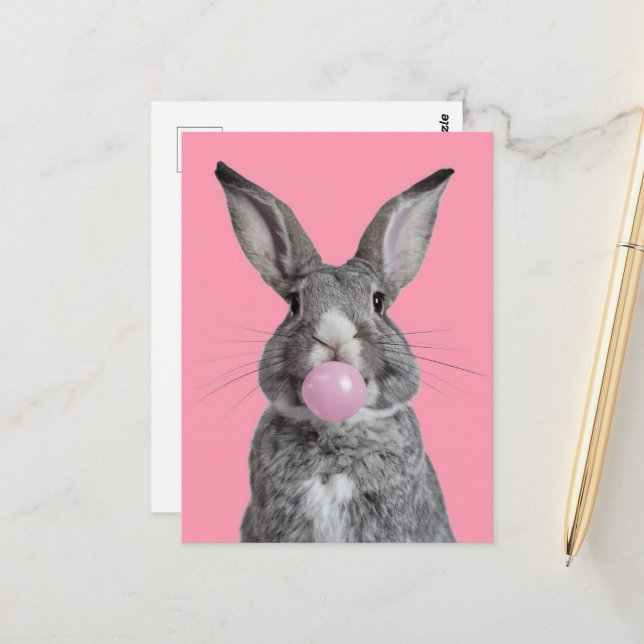 Carte Postale Lapin Beau Qui Mâche Du Chewing-Gum Rose (Devant/Arrière en situation)
