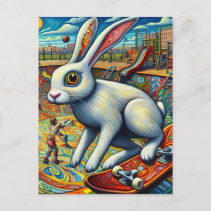 Carte Postale Lapin blanc de skateboard amusement coloré surréal