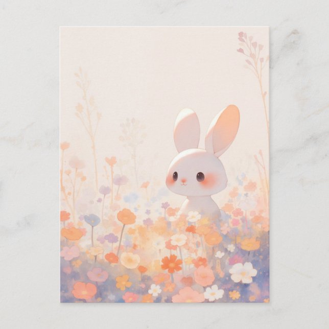 Carte Postale Lapin Blanc Douceur dans Prairie Pastel (Devant)